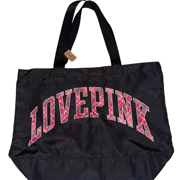 PINK Victoria's Secret Handbags - Pink Love Pink Canvas Tote Black Pink New With Tags Large Canvas Tote